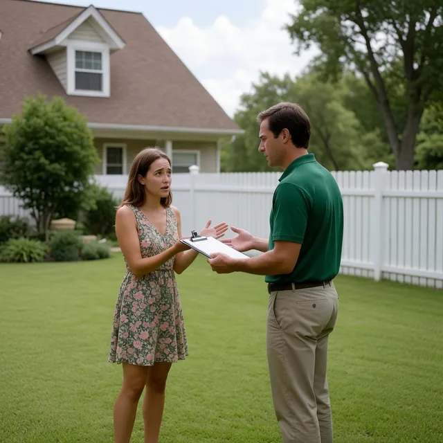 A landscaper speaking with a customer outside
